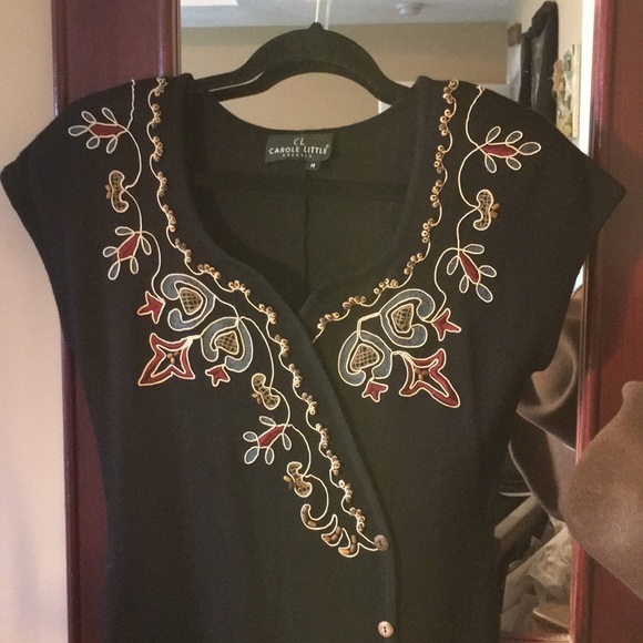 M Long Black Dress Cap-Sleeve,Intricate Beading and Appliqué by Carole Little - Picture 2 of 14